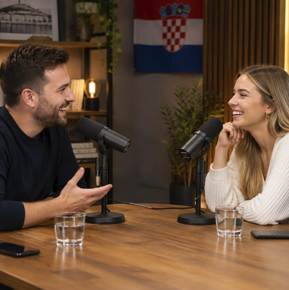 Two Croatian podcast hosts talking together during a live recording session